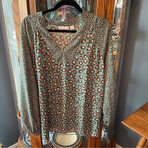 Belle by Kim Gravel Teal & Gray Leopard Print V-Neck Long Sleeve Top XL